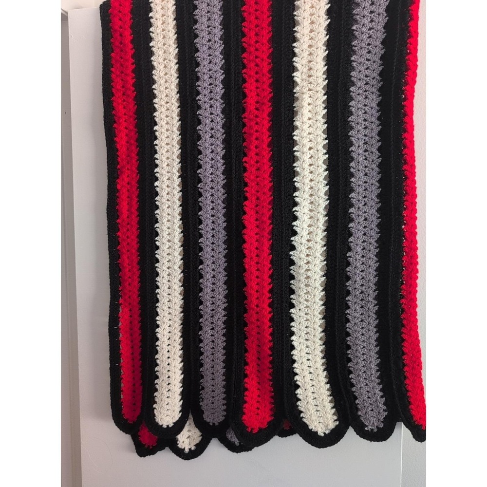 Handmade Crochet Afghan Blanket Red Black Grey Cream Striped Scalloped Throw